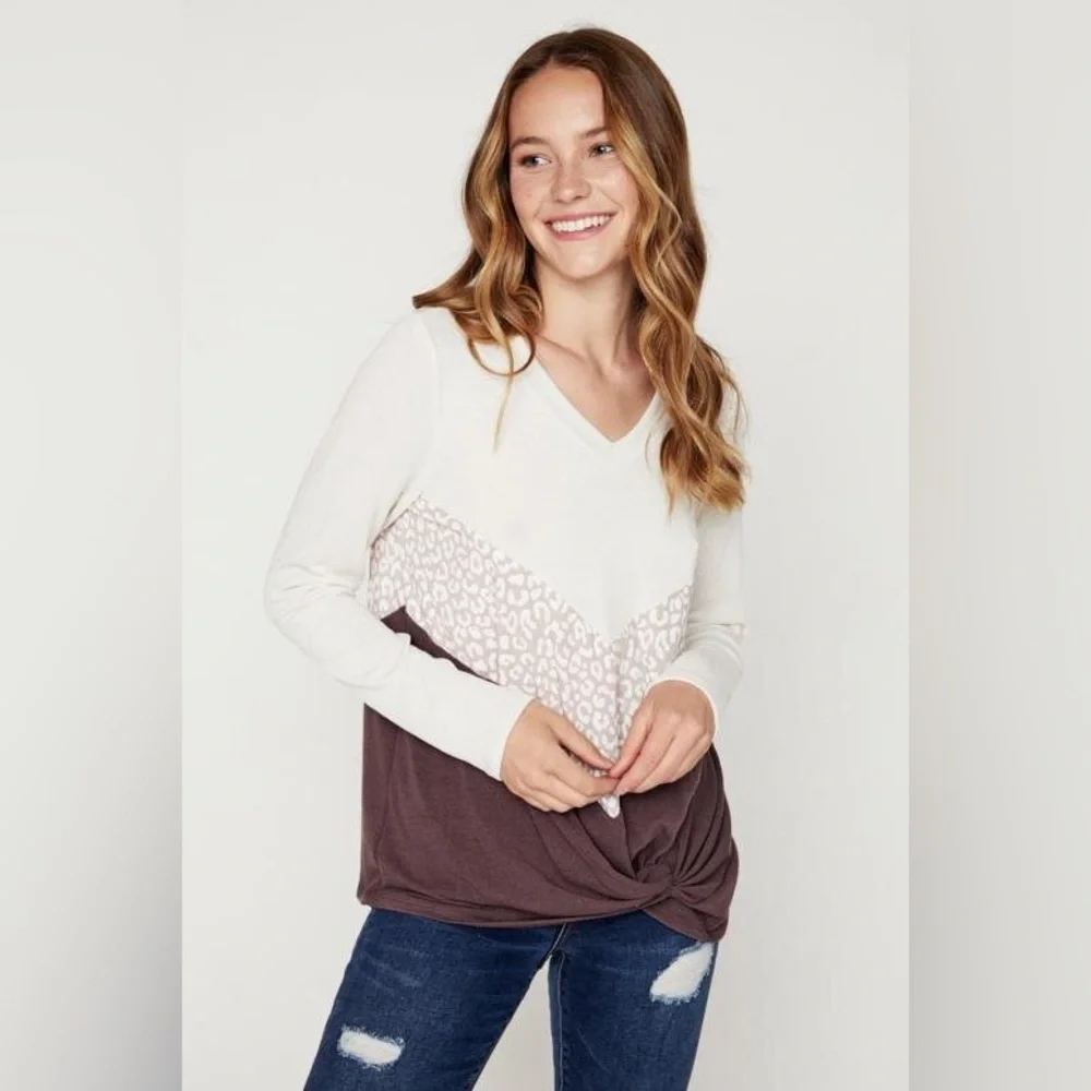 NWT Hailey & Co Animal Print Color Block Long Sleeve Top, Brown/Cream - Picture 2 of 13